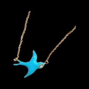 14K Gold and diamond light blue turquoise enamel Bluebird blue bird necklace diamond eye jewelry birthday gift mothers day gift image 1