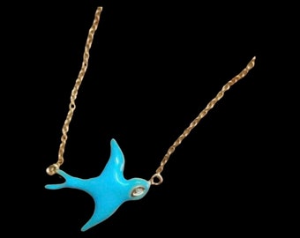 14K Gold and diamond light blue turquoise enamel Bluebird blue bird necklace diamond eye jewelry birthday gift mothers day gift