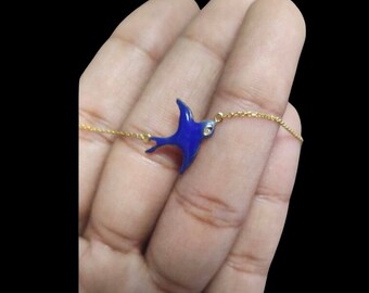 14K Yellow Gold bluebird necklace Blue enamel and .01 ctw diamond eye