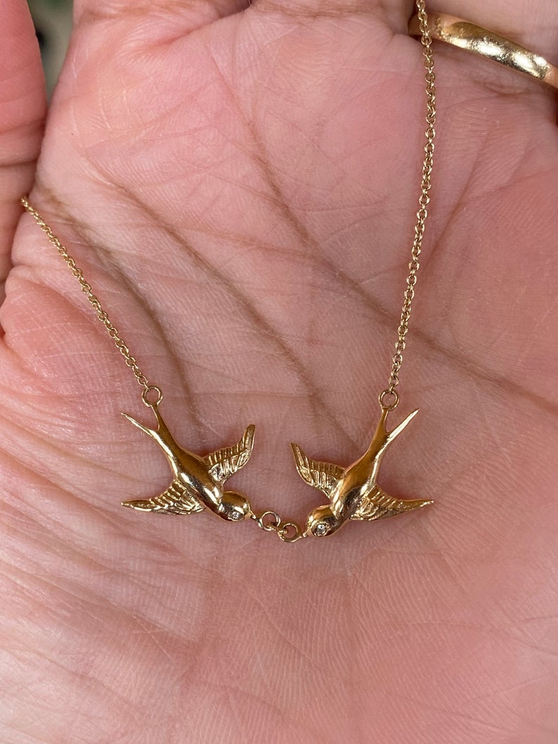 14K Gold and diamond Kissing birds necklace Yellow Gold rose gold white Gold G SI1 diamonds lovebirds necklace vintage sparrow image 3