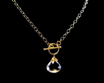 Raindrop grade A white topaz chubby heart faceted briolette 24K Gold vermeil toggle on 14K Gold fill chain