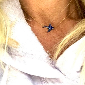 14K Yellow Gold bluebird necklace Blue enamel and .01 ctw diamond eye image 3