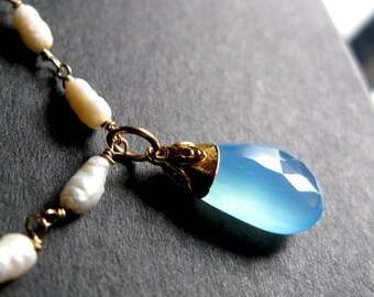 My Big Day Grade A aqua sky blue chalcedony and rice pearl 14K gold Wedding necklace