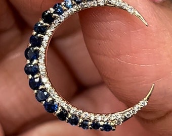 14K Gold Diamond crescent pendant with Blue sapphires