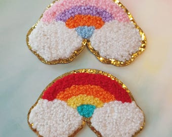 Stick-On Rainbow Chenille Patch, Self-Adhesive Gold Glitter Trim Chenille Rainbow Patch, Hat Patch, Bag Patch, Clothing Patch, DIY Supply