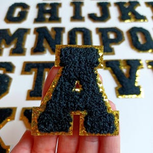 Chenille Letter Patch, 6 cm Iron On Varsity Letter, Gold Glitter Trim Black Letter Patch, Bag Patch, Jacket Patch, Personalized Patch, DIY