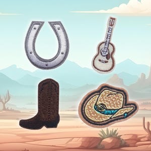 May include: Four embroidered iron-on patches with a western theme. The patches include a horseshoe, a cowboy hat, a boot, and a guitar.