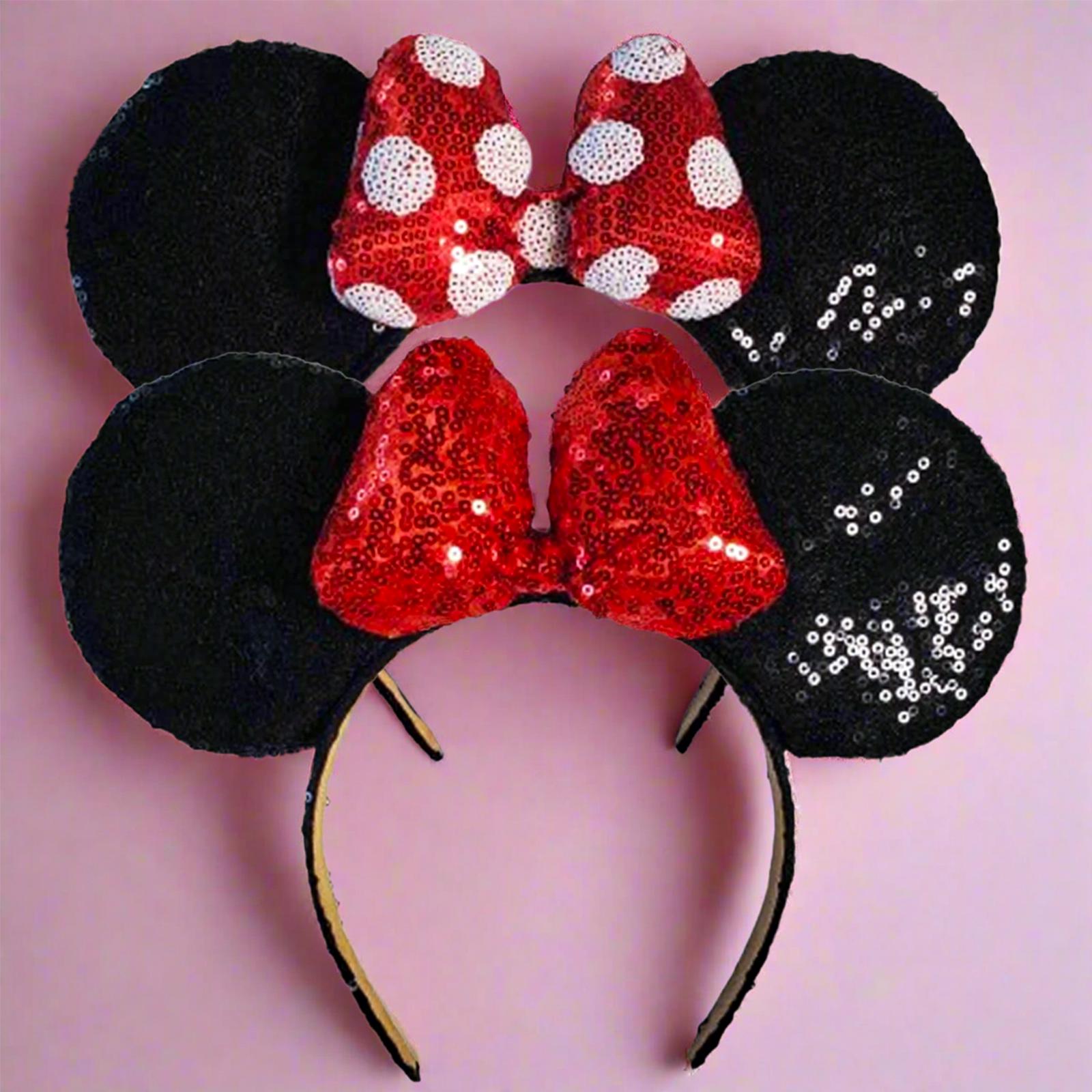 Disney Chic Black on Black Polka Dot Ears and Off-Center Glossy Puffy Bow DisneyParks Black Minnie Mouse Ears White Polka Dot Sequin  main image 4