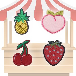 May include: Four embroidered iron-on patches featuring a pineapple, peach, cherry, and strawberry. The patches are colorful and have a cartoon-like style.