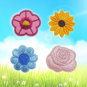 May include: Four embroidered flower patches in pink, yellow, blue, and light pink. The patches are perfect for adding a touch of whimsy to clothing, bags, or other accessories.