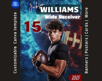 Può includere: Un giocatore di football americano che indossa una maglia nera con il numero 15 sul petto. Lo sfondo è un design astratto blu e rosso con un pallone da football. Il testo "Jackson Williams Wide Receiver 2025" è sull'immagine.