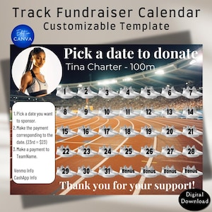 Track Fundraiser Calendar Canva Template. Customizable cross country fundraising calendar. Pick a date fundraiser calendar for track & field