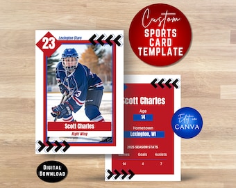 May include: A customizable sports card template featuring a hockey player in a blue and white jersey with the number 23 on the front. The template includes space for the player's name, age, hometown, and season stats. The template is designed to be edited in Canva.