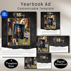 Canva-sjabloon voor jaarboek voor middelbare school. Aanpasbare formaten zijn paginagrote, 1/2, 1/4 en 1/8. Eerbetoonpagina en showcase voor afstuderende senioren