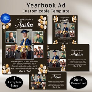 Canva-sjabloon voor jaarboek voor middelbare school. Aanpasbare formaten zijn paginagrote, 1/2, 1/4 en 1/8. Eerbetoonpagina en showcase voor afstuderende senioren