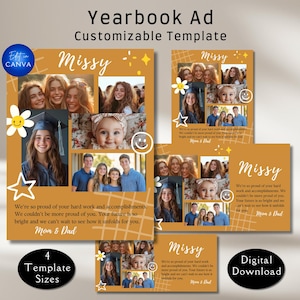 Canva-sjabloon voor jaarboek voor middelbare school. Aanpasbare formaten zijn paginagrote, 1/2, 1/4 en 1/8. Eerbetoonpagina en showcase voor afstuderende senioren