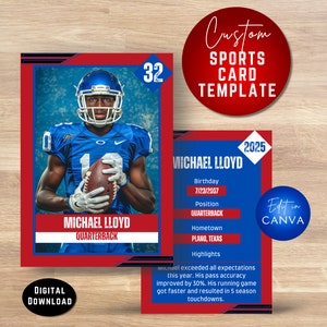 Modelo de Canva de cartão colecionável de futebol. Cromo colecionável esportivo e cartão de beisebol personalizáveis. Presente de cartão esportivo personalizado para atleta. Todos os esportes.