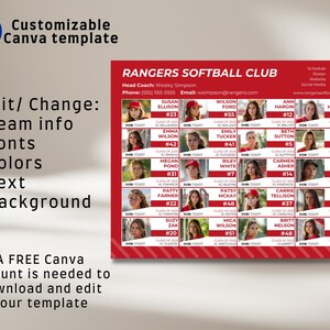 Travel Team Recruit Roster Canva Template. Customizable club team recruiting roster with athlete profile for baseball, softball, all sports