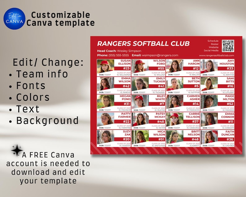 Travel Team Recruit Roster Canva Template. Customizable club team recruiting roster with athlete profile for baseball, softball, all sports