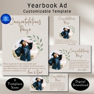 Canva-sjabloon voor jaarboek voor middelbare school. Aanpasbare formaten zijn paginagrote, 1/2, 1/4 en 1/8. Eerbetoonpagina en showcase voor afstuderende senioren
