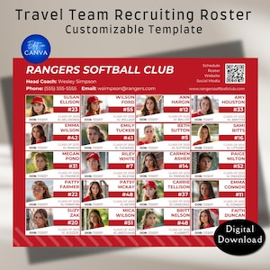 Canvasjabloon voor reisteamrekrutering. Aanpasbare wervingslijst voor clubteams met atletenprofiel voor honkbal, softbal en alle sporten