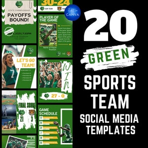 Sports Social Media Template Pack. Green Non Photoshop Canva template. College & high school sports teams. Baseball, Instagram, Facebook.