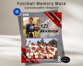 May include: A customizable football memory mate template with a red, white, and gray color scheme. The template features a photo of a young boy in a football uniform, a football with the number 23 and the name Brandon, and a group photo of a football team. The text "2025 I TRAVIS BULLDOGS I QUARTERBACK" is at the bottom of the template.