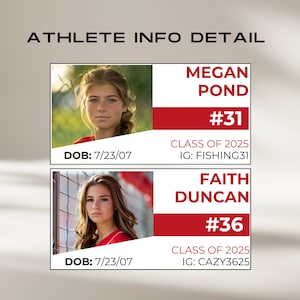 Travel Team Recruit Roster Canva Template. Customizable club team roster with athlete profile for baseball, softball, basketball, all sports