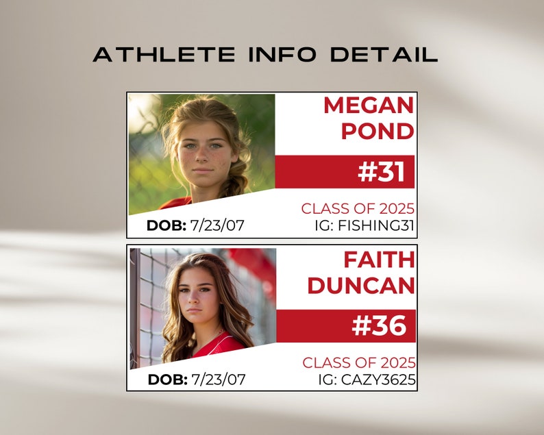 Travel Team Recruit Roster Canva Template. Customizable club team roster with athlete profile for baseball, softball, basketball, all sports