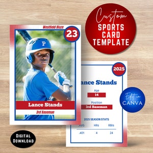 Plantilla de Canva para tarjetas coleccionables deportivas. Tarjeta deportiva personalizable para béisbol y otros atletas. Regalo personalizado para atletas. Tarjeta de béisbol.