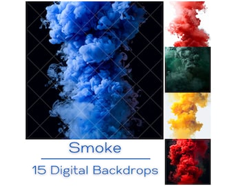 May include: A collection of 15 digital backdrops featuring colorful smoke in various colors, including blue, red, green, and yellow. The smoke is captured against a black or white background.