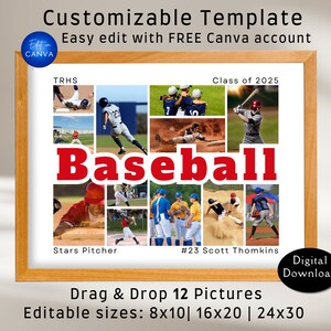 Customizable Baseball Photo Collage Canva Template. Gift for varsity player and senior athletes. Custom design and editable photo grid.