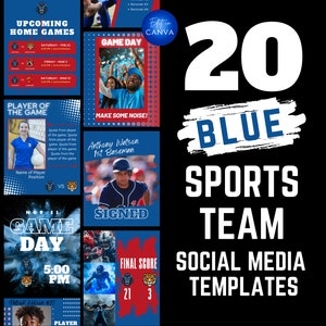 Sports Social Media Pack Canva Template. Blue Non Photoshop template. College & high school sports teams. Football, Soccer, Facebook Twitter
