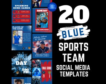 May include: 20 blue sports team social media templates. The templates feature a blue and red color scheme with a tiger mascot. The templates include text such as "Game Day", "Player of the Game", and "Final Score".