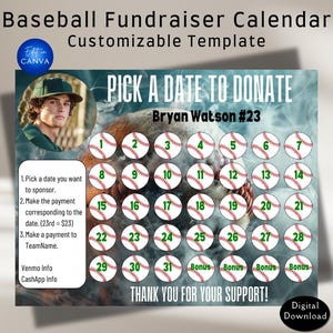 Baseball Fundraiser Calendar Canva Template. Customizable baseball team fundraising calendar. Baseball pick a date fundraiser calendar.