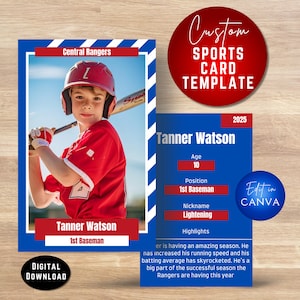 Modelo de Canva de cartão colecionável esportivo. Cartão de esportes customizável para basebol e todos os atletas. Presente de cartão esportivo personalizado para atleta. Cartão de beisebol