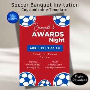 Peut inclure: Un modèle d'invitation à un banquet de football rouge et bleu avec un graphique de ballon de football et le texte "Banquet & Awards Night" dans une police d'écriture blanche. Le texte "Avril 23 | 19h00" est dans une boîte bleue. Le texte "Stadium Event Center" est en noir. Le texte "Tickets: Individual: 10€ Family: 35€" est en noir. Le texte "RSVP: Coach Austin Coach@name.com" est en noir. Le texte "Téléchargement numérique" est dans un cercle noir.