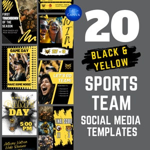 Sports Social Media Template Pack. Black and Yellow Non Photoshop Canva template. College & high school sports teams, Instagram, Facebook.