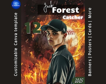 Baseball Poster Canva Template. Gift for baseball player. Non photoshop for softball banner, baseball backdrop, and custom senior poster.
