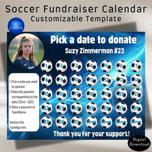 Soccer Fundraiser Calendar Canva Template. Customizable soccer fundraising calendar template. Pick a date fundraiser calendar for soccer.