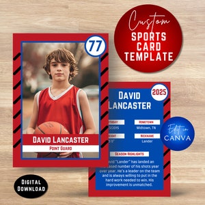 Plantilla Canva de tarjeta coleccionable de baloncesto. Tarjeta coleccionable deportiva y tarjeta de béisbol personalizables. Regalo de tarjeta deportiva personalizada para deportista. Todos los deportes.