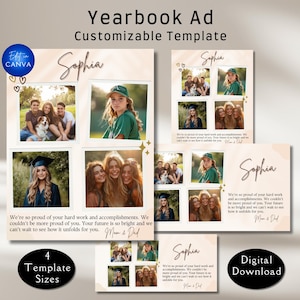 Canva-sjabloon voor jaarboek voor middelbare school. Aanpasbare formaten zijn paginagrote, 1/2, 1/4 en 1/8. Eerbetoonpagina en showcase voor afstuderende senioren