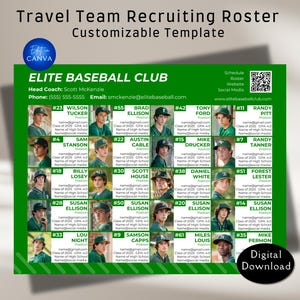 Canvasjabloon voor clubteamwerving. Aanpasbare rekruteringslijst voor reisteams en profiel voor geselecteerde atleten. Honkbal