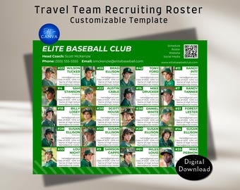 Club Team Einstellungsliste Canva Vorlage. Anpassbare Reiseteam-Rekrutierungsliste & ausgewähltes Team-Rekrutierungslisten-Athletenprofil. Baseball
