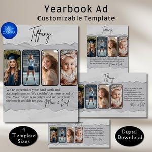 Canva-sjabloon voor jaarboek voor middelbare school. Aanpasbare formaten zijn paginagrote, 1/2, 1/4 en 1/8. Eerbetoonpagina en showcase voor afstuderende senioren