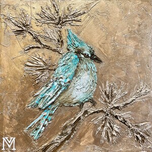 May include: A blue jay perched on a branch with gold textured background. The bird is painted in a realistic style with blue, white, and gray feathers. The branch is painted with brown and gray textured paint.