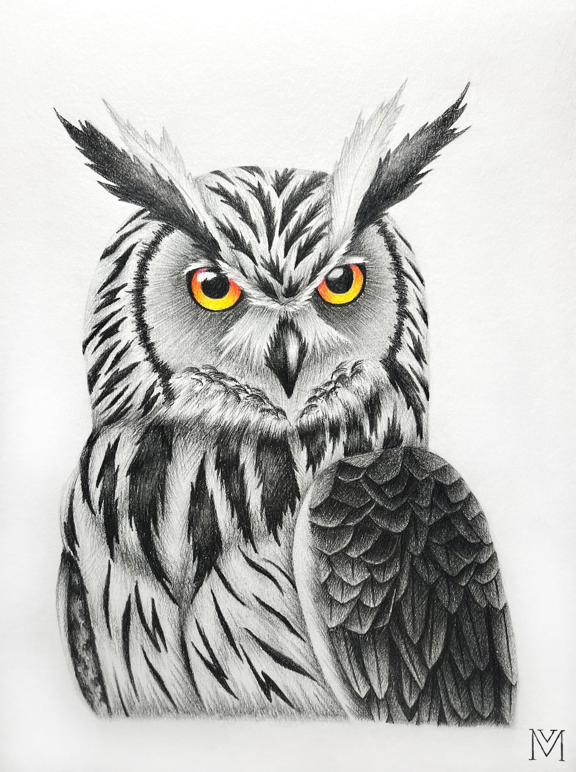 Original Handmade Owl Drawing, Black & White - Graphite Pencil Art on ...