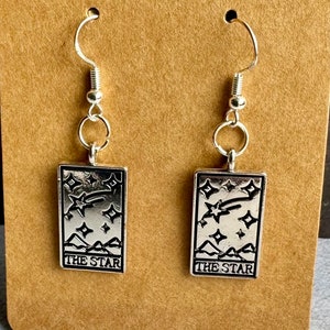 Tarot card earrings The Star dangly silver tone
