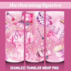 Nurse Tumbler Wrap PNG Sublimation Design, Pink Glitter Watercolor Skinny Tumbler for Nurse Gifts