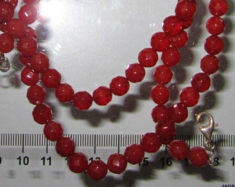 Necklace RED FACETED BEADS Gemstones Silk Knotted 35" Necklace